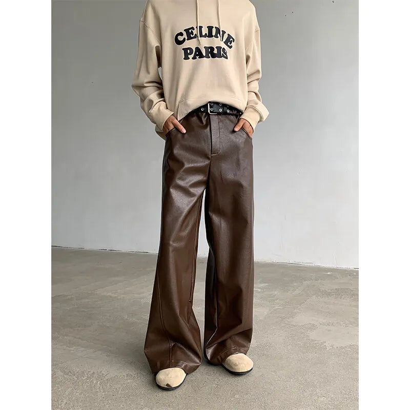 PU Leather Pants men Straight 2025new Spring Men's Punk Fashion Hip Hip Men Wide-leg Mopping Trousers Windproof Dark Brown/Black