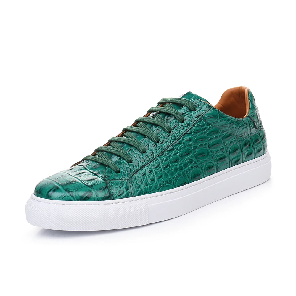Men Croc Pattern Genuine  Cow Leather Flat Sneakers Round Toe Lace-up Causal Flats Shoes