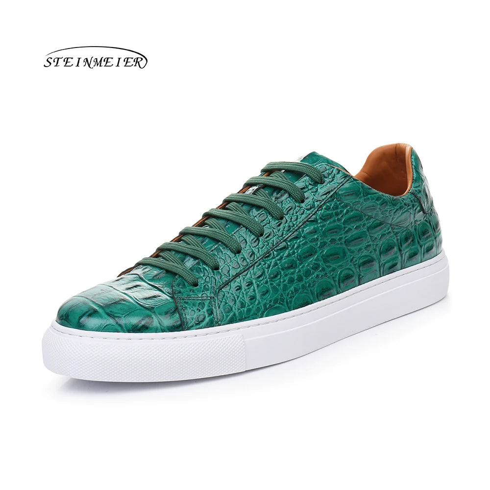Men Croc Pattern Genuine  Cow Leather Flat Sneakers Round Toe Lace-up Causal Flats Shoes