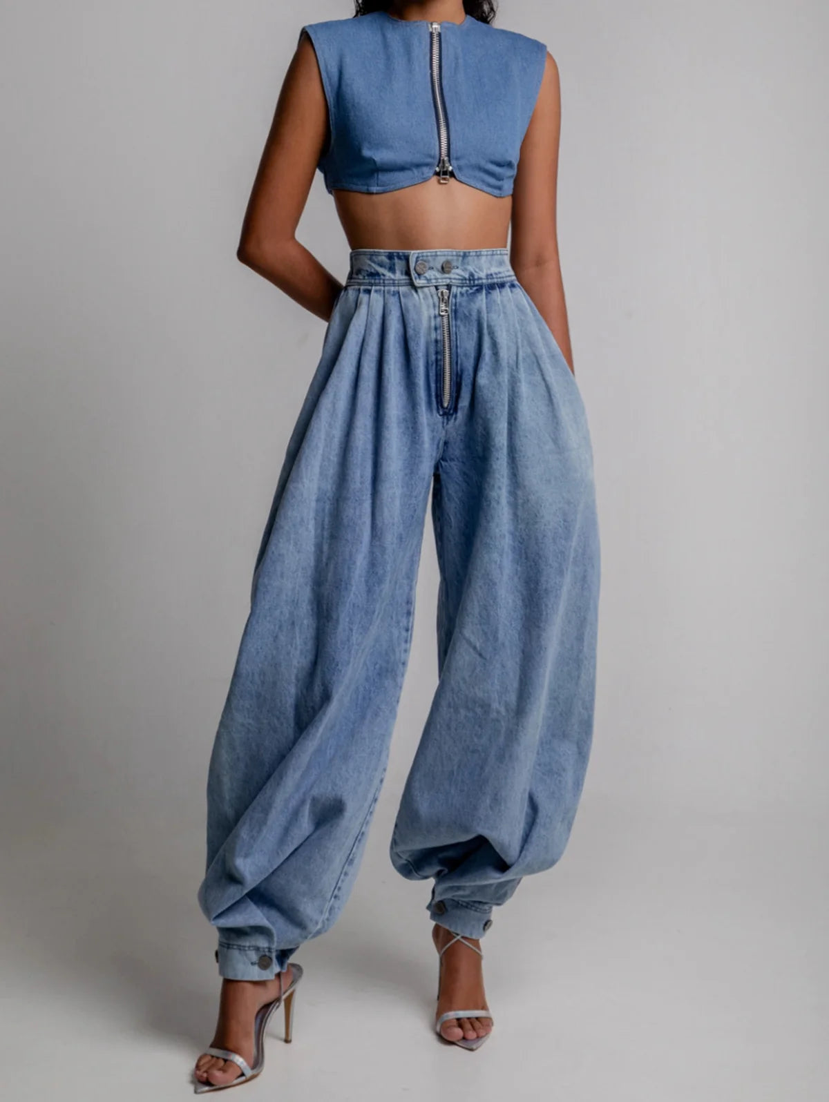 Women Denim Pant Casual High Waisted Zipper Denim Bloomers Pants Loose Vintage Streetwear Casual Harem Trousers Jeans Trousers