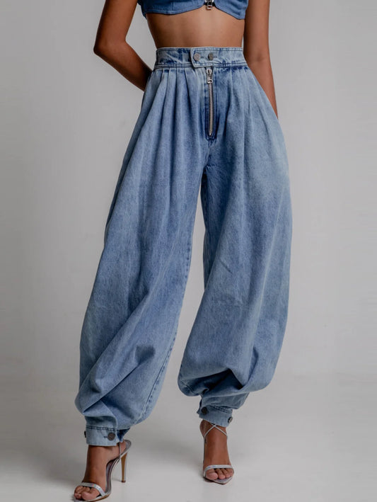 Women Denim Pant Casual High Waisted Zipper Denim Bloomers Pants Loose Vintage Streetwear Casual Harem Trousers Jeans Trousers