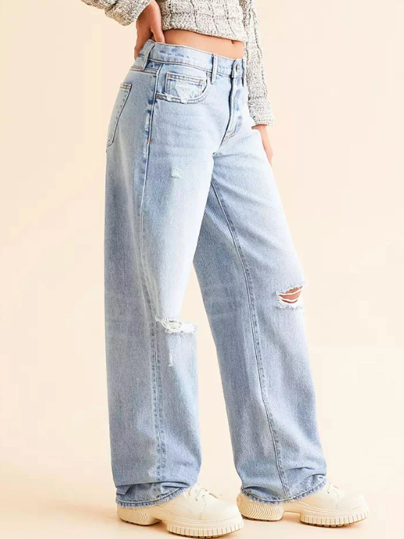 Women's Denim Jeans with Pockets, Ripped Straight LegLoose Fit Casual Pants, Versatile Long Jeans for DailyWear