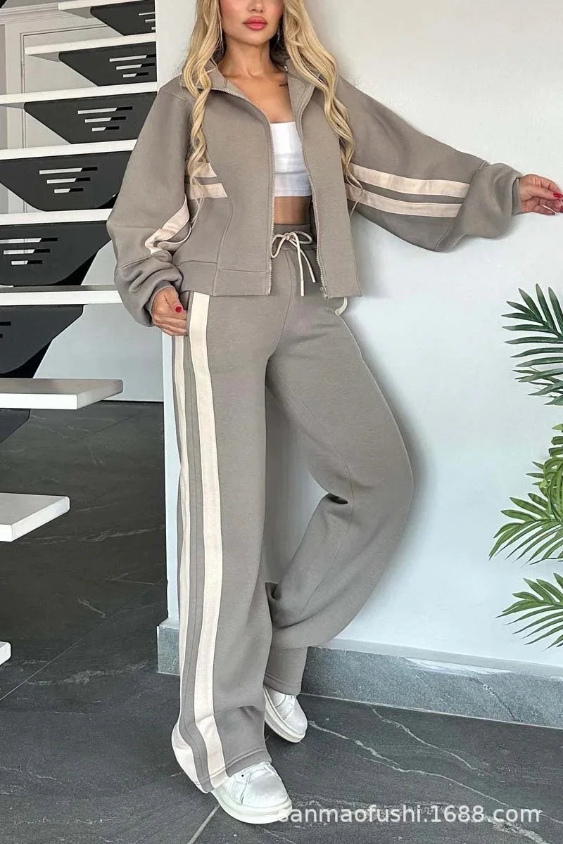 Striped Casual Women's Suit Y2K Striped Zipper Top Coat Sports Pants Female 2piece Set
