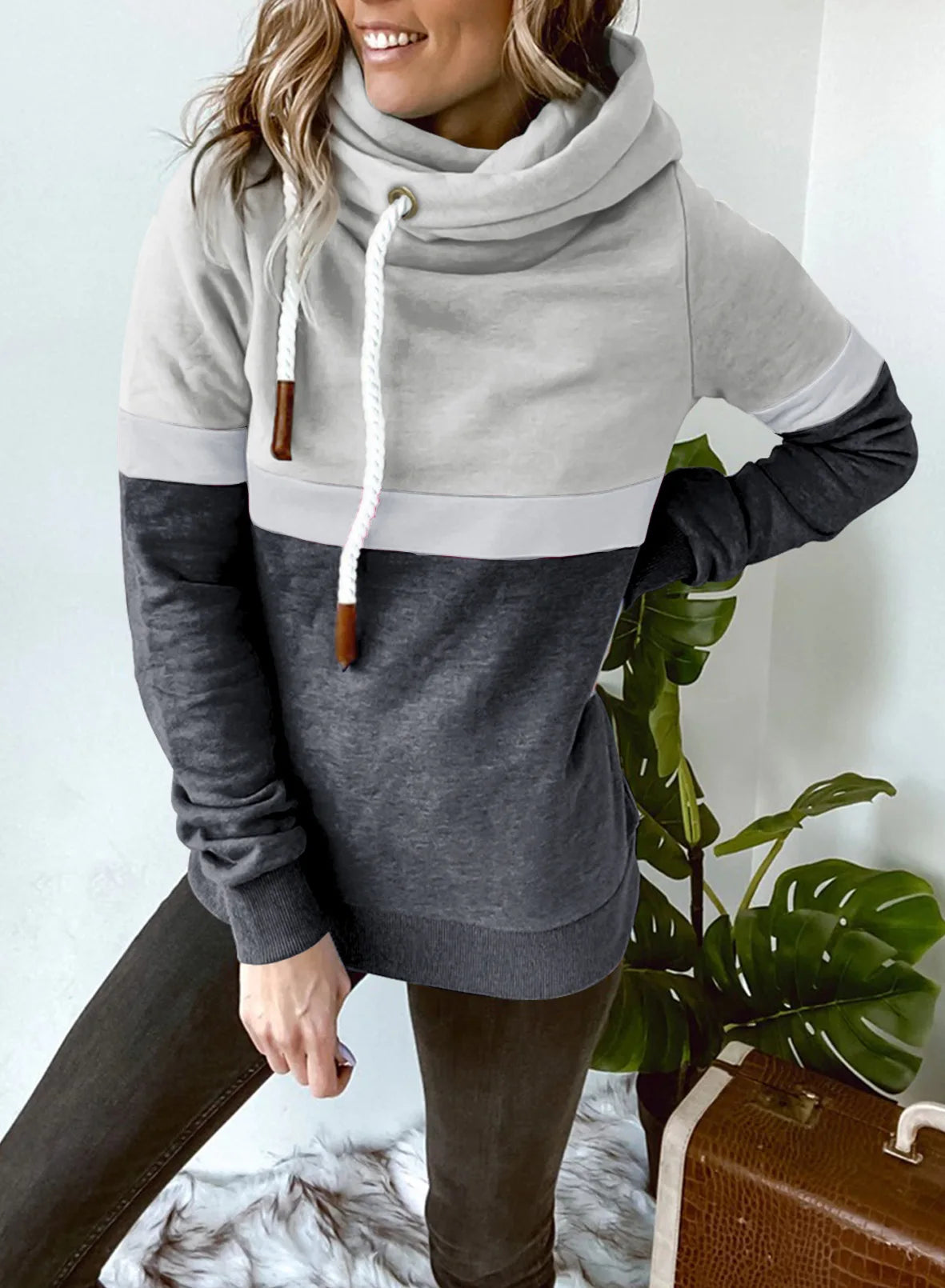 Women's sweatshirt 2024 new autumn and winter solid color stitching casual high collar hooded cross-border sweatshirt for women