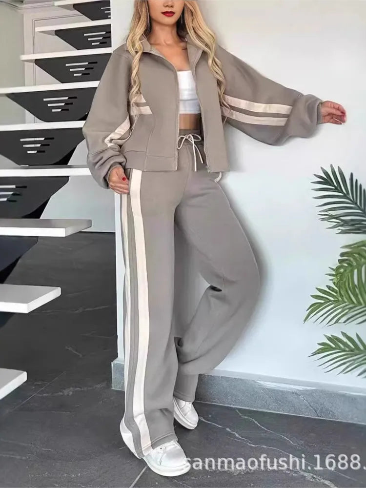 Striped Casual Women's Suit Y2K Striped Zipper Top Coat Sports Pants Female 2piece Set