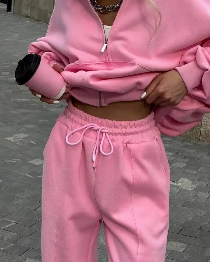 Winter Sweat Suit Set Pink Women Zipper Hoodies 2 Two Pieces Outfit Pants Casual Loose Winter Warm Tracksuits Sport Hooded Women