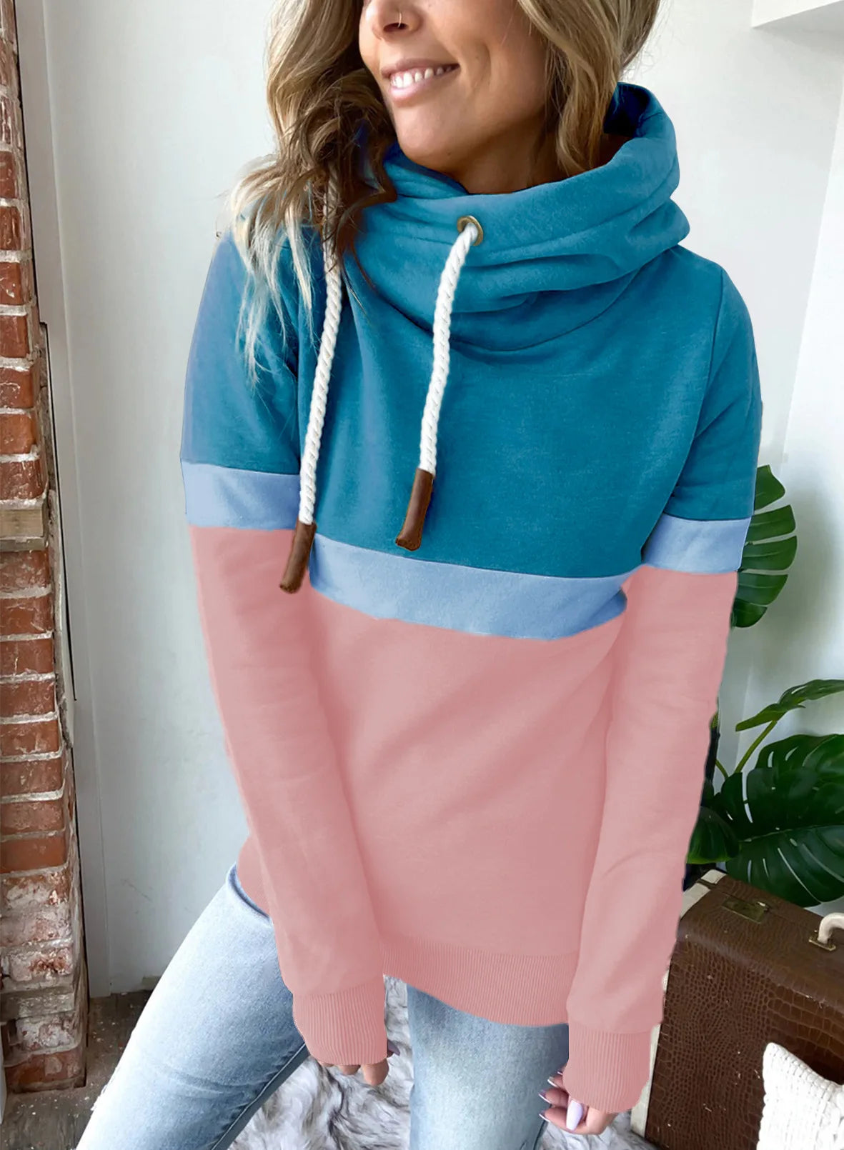 Women's sweatshirt 2024 new autumn and winter solid color stitching casual high collar hooded cross-border sweatshirt for women