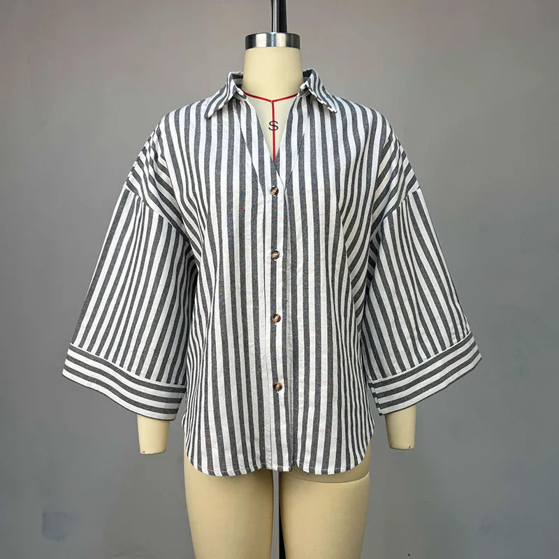 Women Top Blouses Shirt Turn Down Collar Full Sleeve Tops Striped Y2k Streetwear Elegant Splice Shirts Casual Loose Work Autumn