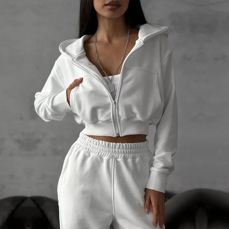 Sweatshirt Two-piece Suit Women's Casual Sports Sets Sexy High-waist Hoodies Short Zip-up Jacket Straight Trousers 2-piece Sets