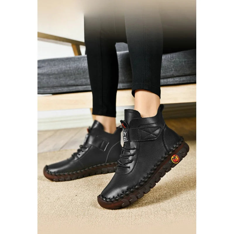 Winter Fleece-Lined Warm Cotton Boots - Women's British Style Fashionable & Versatile Velcro High-Top Flat Shoes