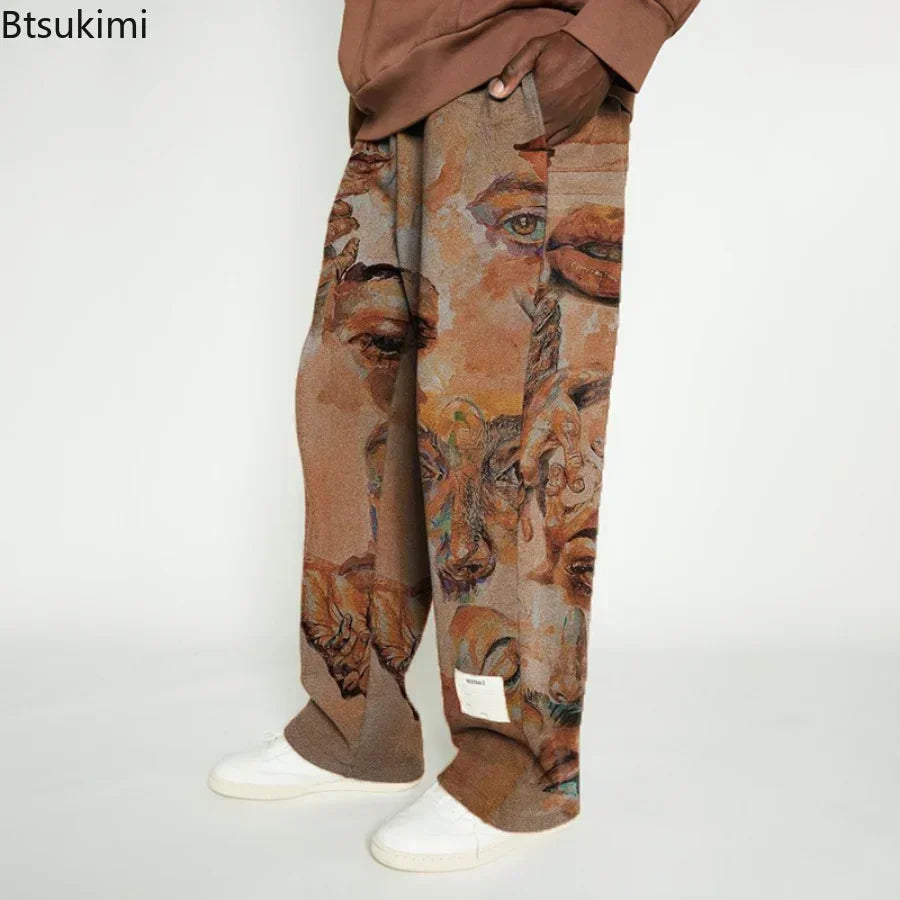 2026 Men's High Street Loose Wide Leg Pants Trendy Printed European Mid-waist Man Trousers Brown Hiphop Pants Male Casual Pants