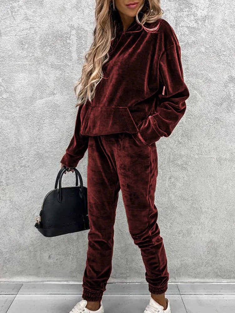 Women Sweatshirts Two Pieces Pant Sets Hooded Pocket Top Pullover Pencil Pants Thick Spliced Solid Casual Sporty Suits