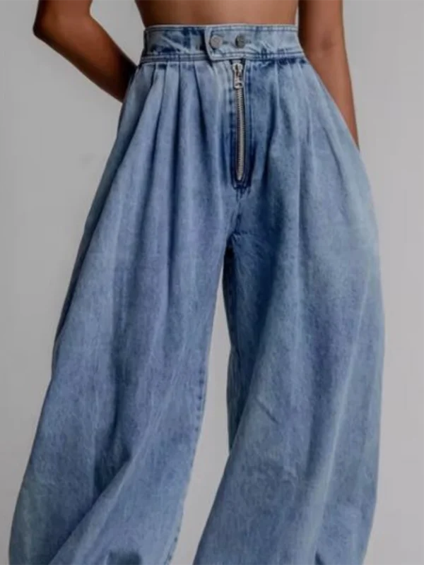 Krisstargirl Casual Denim Pants for Women 2025 Summer Buttoned Zipper Pockets Pleated Baggy Knickerbockers Long Pants for Woman