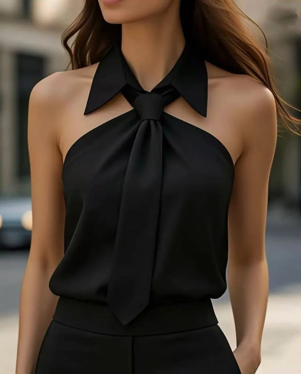 Fashion Women Tank Top Camisole Halter Neck Strap Necktie Lapel Design Loose Sleeveless Blouses Blusas Mujer Moda Sexy Shirt