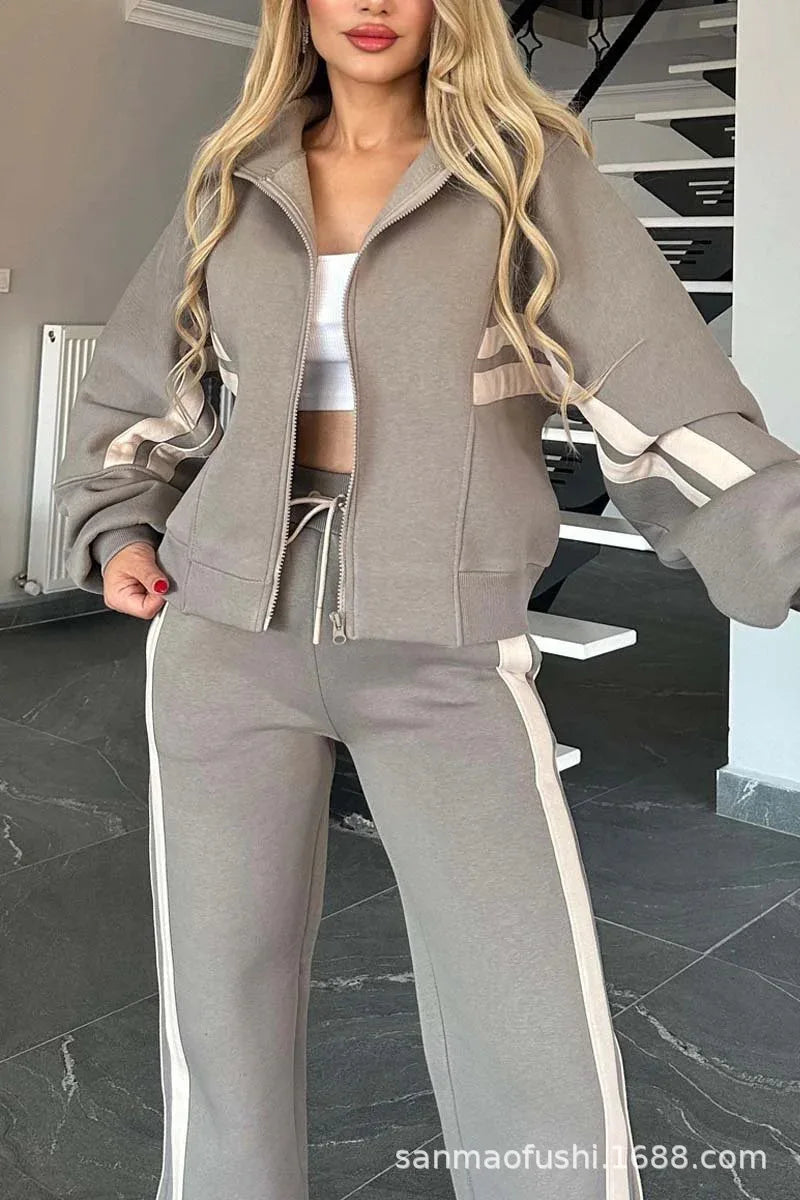 Striped Casual Women's Suit Y2K Striped Zipper Top Coat Sports Pants Female 2piece Set