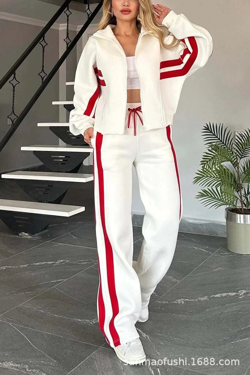 Striped Casual Women's Suit Y2K Striped Zipper Top Coat Sports Pants Female 2piece Set