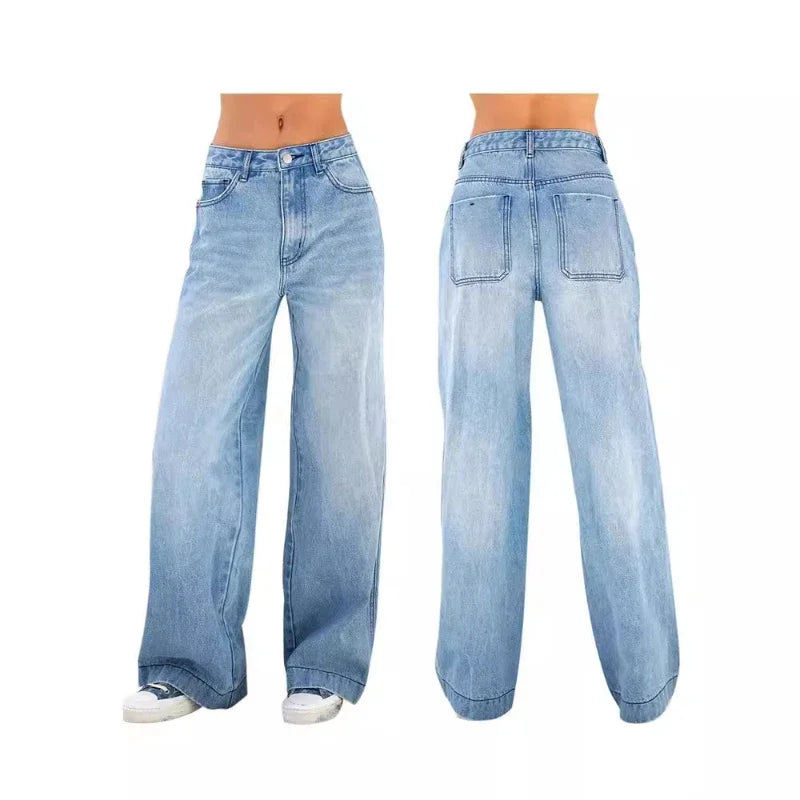 Women's Denim Pants Jeans High Waist Wide Leg Pants with Pockets Fashion Casual Long Trousers 2025 New Korean Streetwear