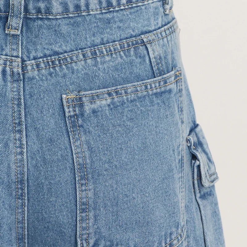 Trendy Women's Denim Workwear | Street Style Black & Grey Multi-Pocket Jeans | American Casual High-Waist Functional Design