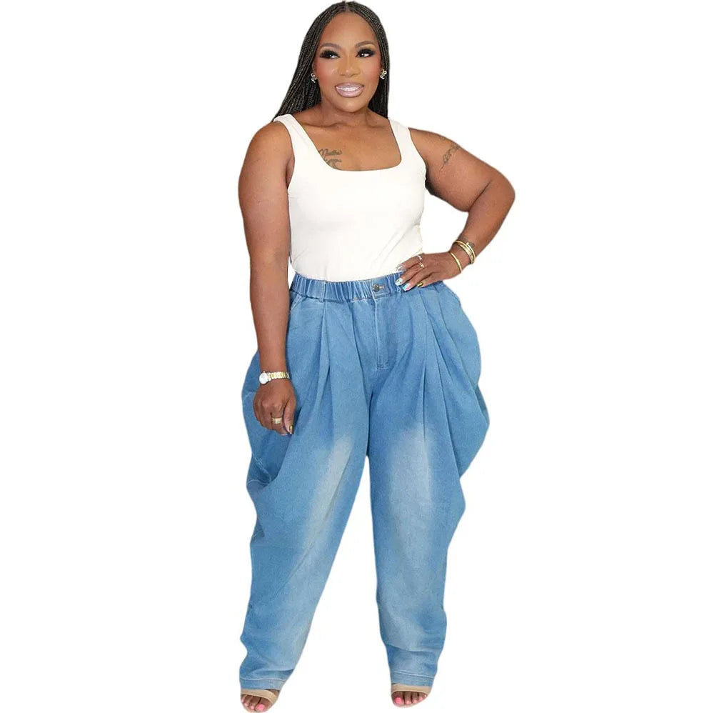 2025 New High Waist Loose Harem Wide Leg Lantern Denim Pants Women Street Casual Stretchy Slimming Fashion Long Trousers Blue
