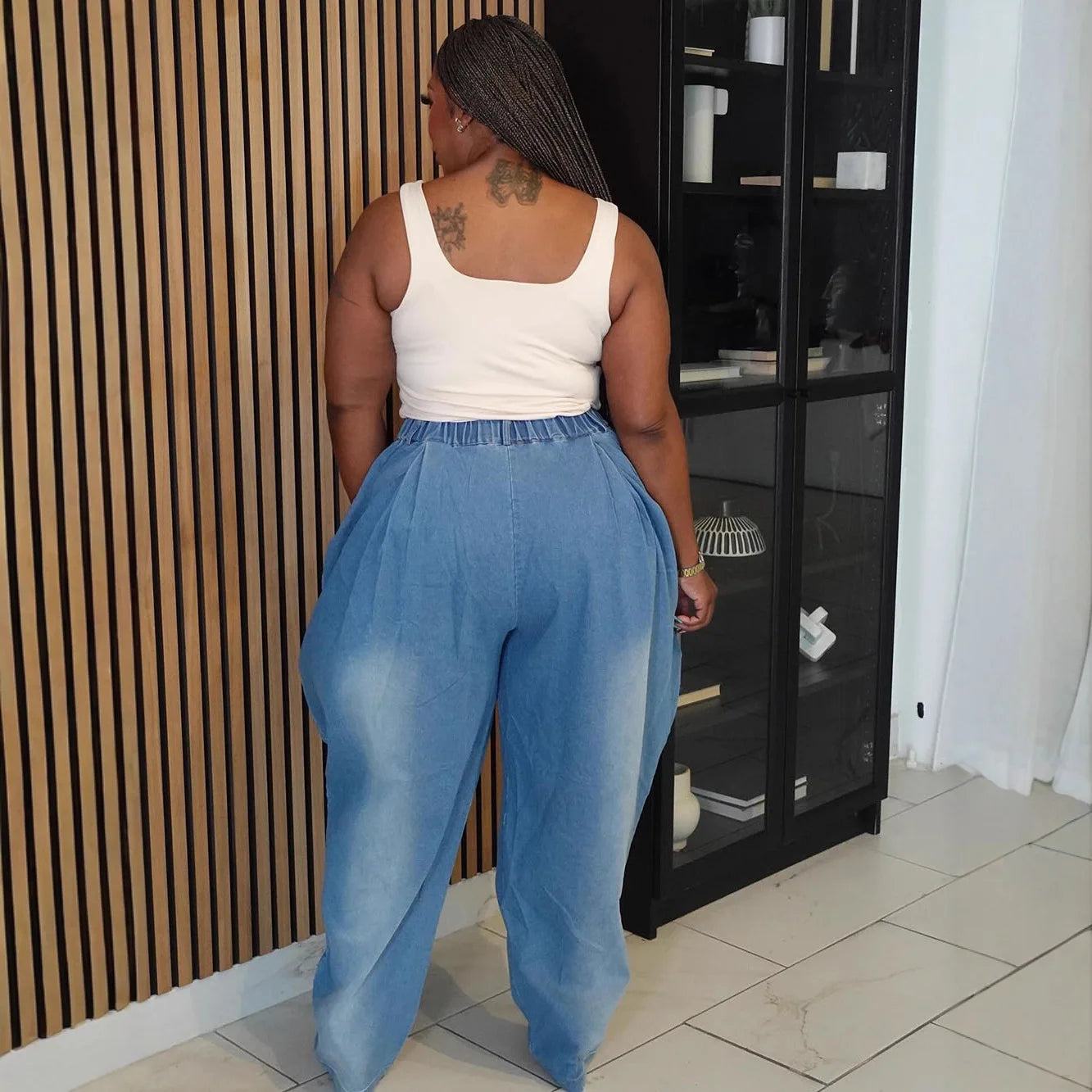 2025 New High Waist Loose Harem Wide Leg Lantern Denim Pants Women Street Casual Stretchy Slimming Fashion Long Trousers Blue
