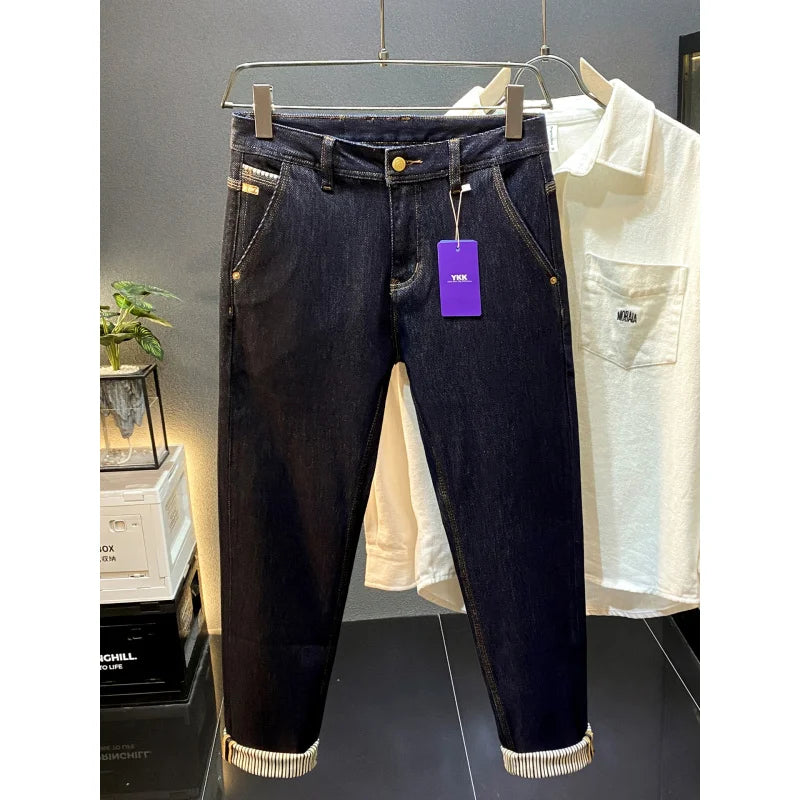 2025 autumn new light luxury retro original color jeans for men, slim fit, small feet, four sided elastic casual long pants