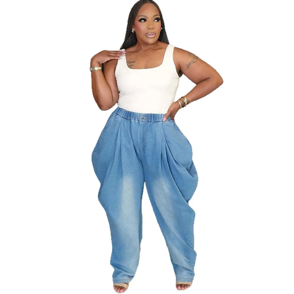 2025 New High Waist Loose Harem Wide Leg Lantern Denim Pants Women Street Casual Stretchy Slimming Fashion Long Trousers Blue