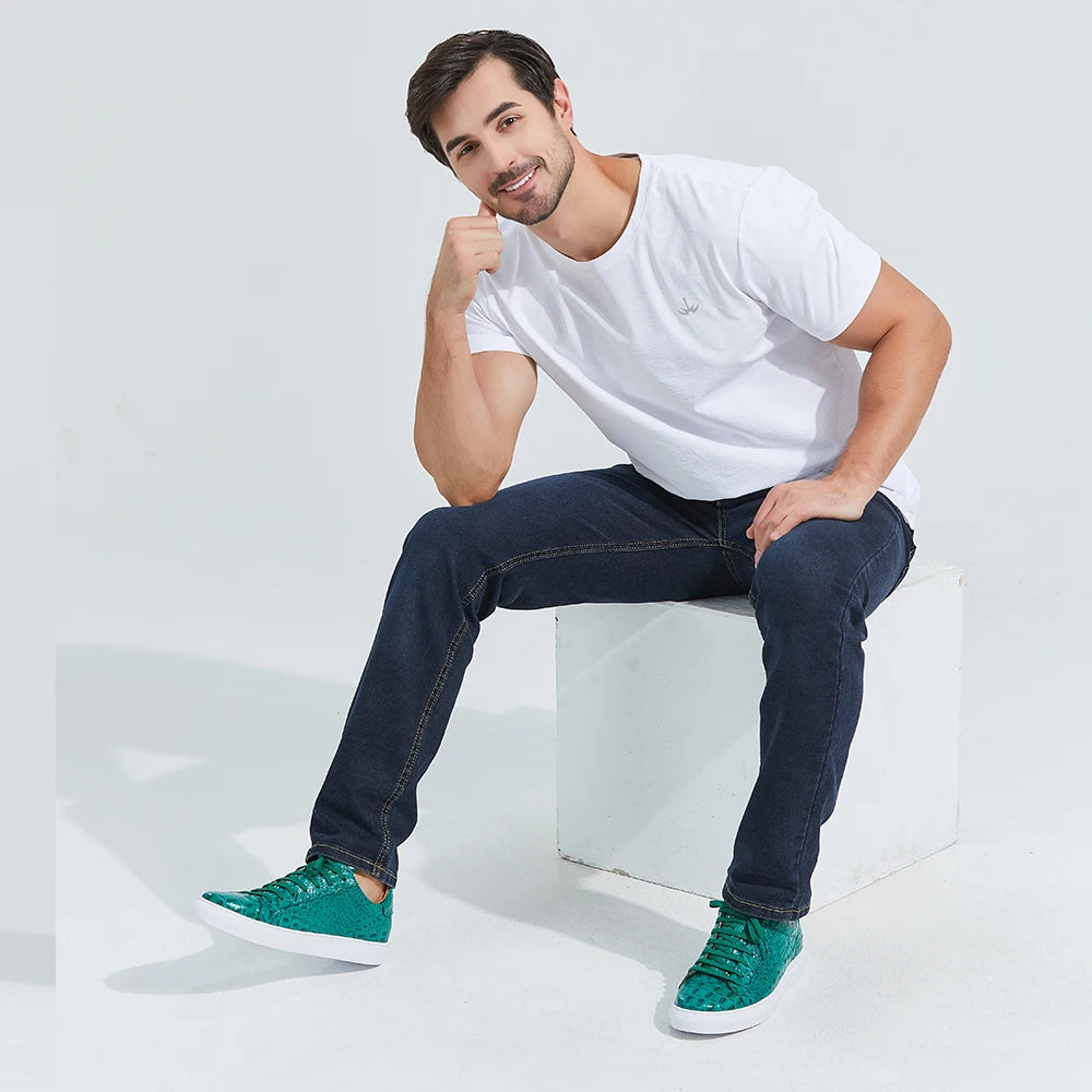 Men Croc Pattern Genuine  Cow Leather Flat Sneakers Round Toe Lace-up Causal Flats Shoes