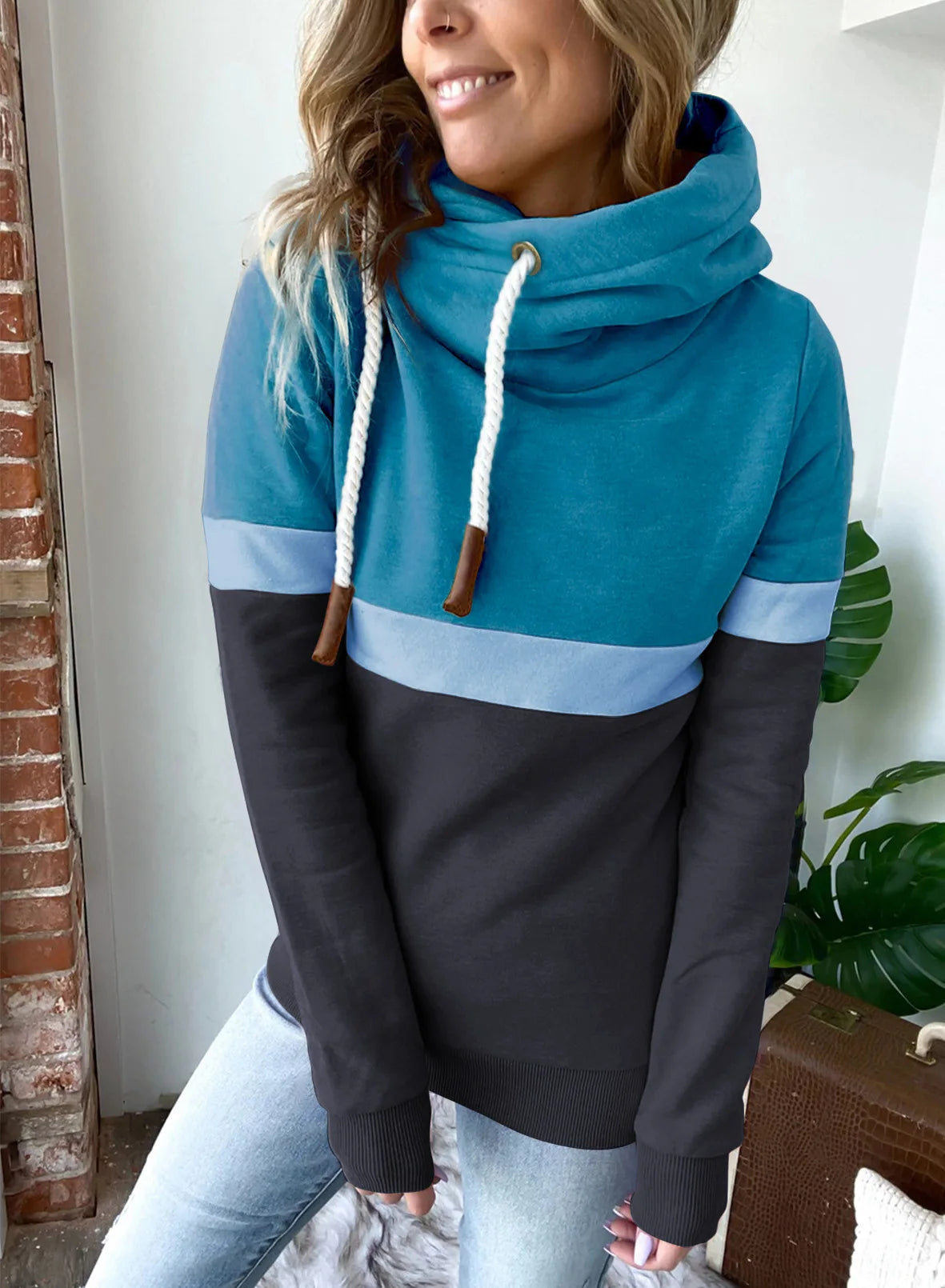 Women's sweatshirt 2024 new autumn and winter solid color stitching casual high collar hooded cross-border sweatshirt for women