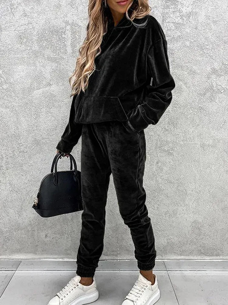 Women Sweatshirts Two Pieces Pant Sets Hooded Pocket Top Pullover Pencil Pants Thick Spliced Solid Casual Sporty Suits