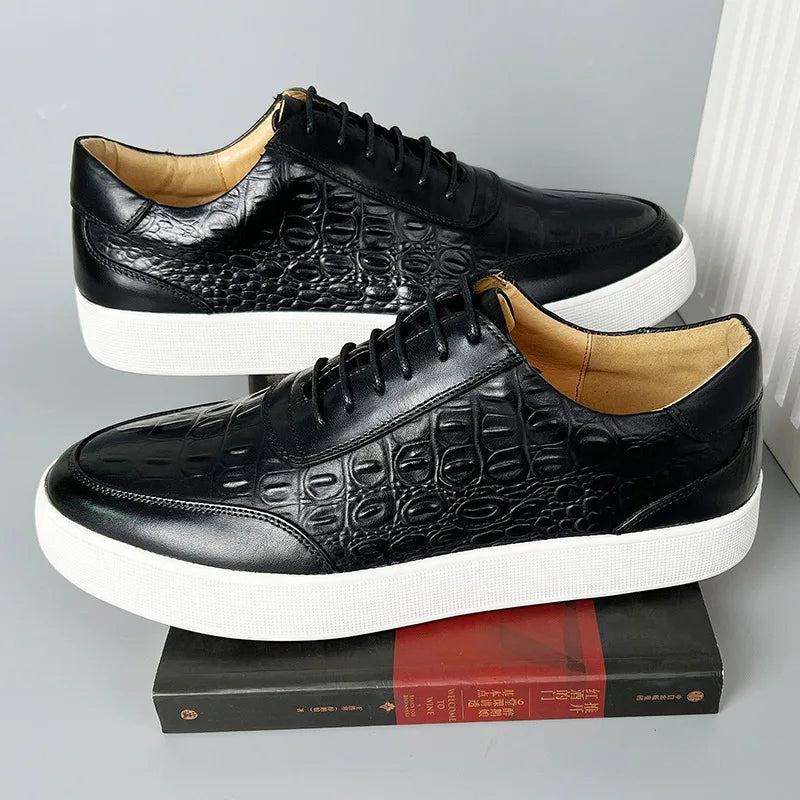 Newest 2025 Spring Men Genuine Leather Casual Sneakers Lace Up Handmade Crocodile Design Men Daily Leather Footwear Purple