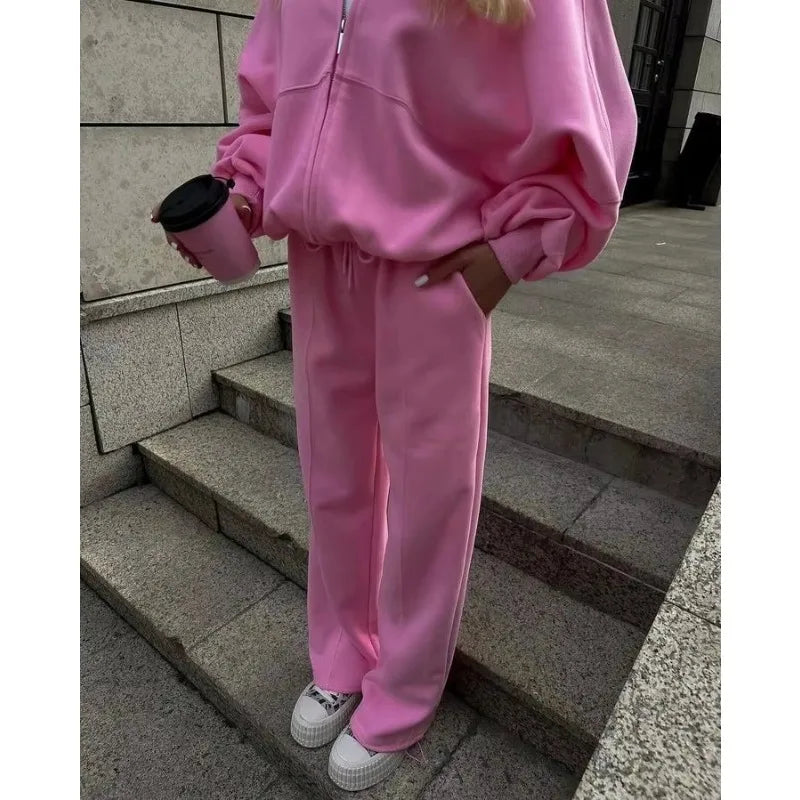 Winter Sweat Suit Set Pink Women Zipper Hoodies 2 Two Pieces Outfit Pants Casual Loose Winter Warm Tracksuits Sport Hooded Women