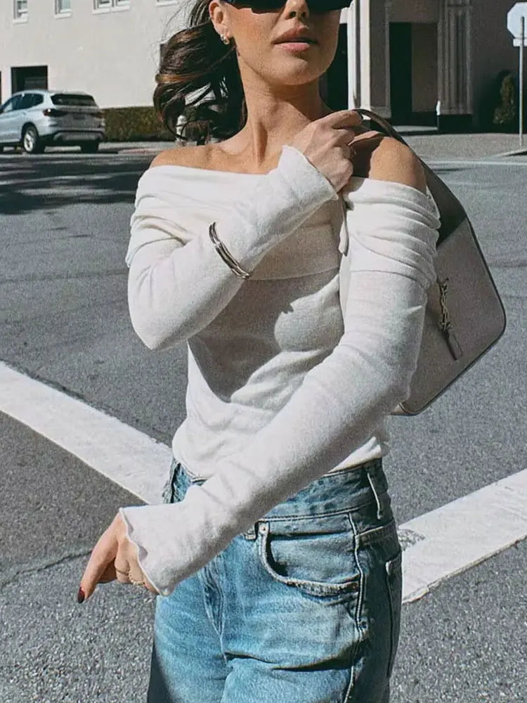 HH 2025 Woman Sexy Off Shoulder Long Sleeve T-Shirts Cotton Top New Women Short Ruched Simple Basic Translucent Tshirts