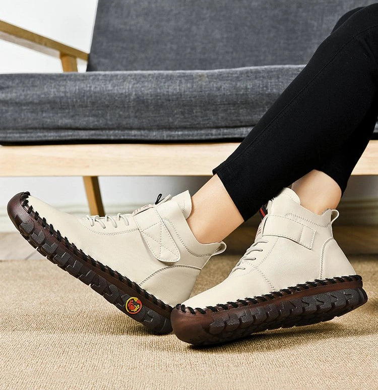 Winter Fleece-Lined Warm Cotton Boots - Women's British Style Fashionable & Versatile Velcro High-Top Flat Shoes
