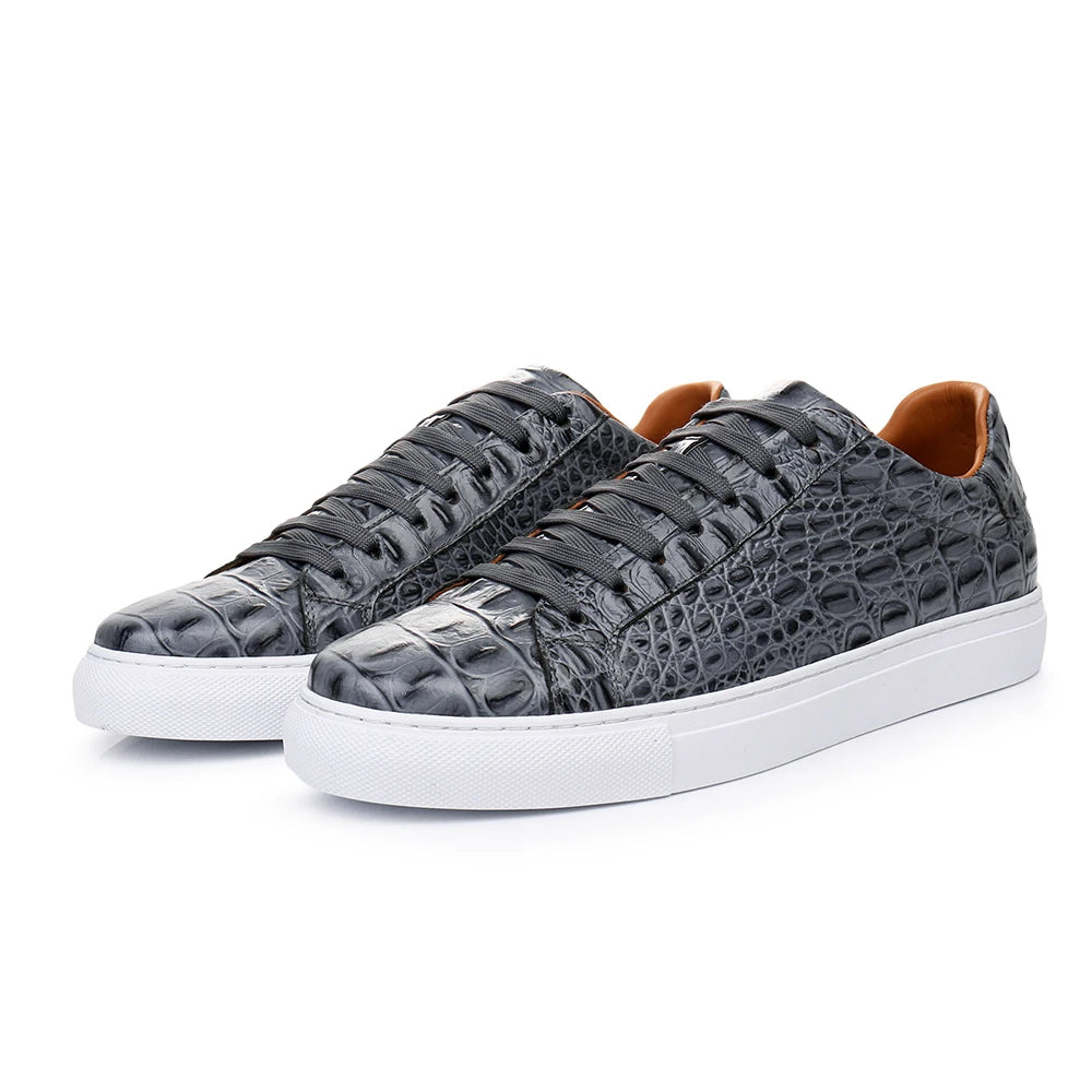 Men Croc Pattern Genuine  Cow Leather Flat Sneakers Round Toe Lace-up Causal Flats Shoes