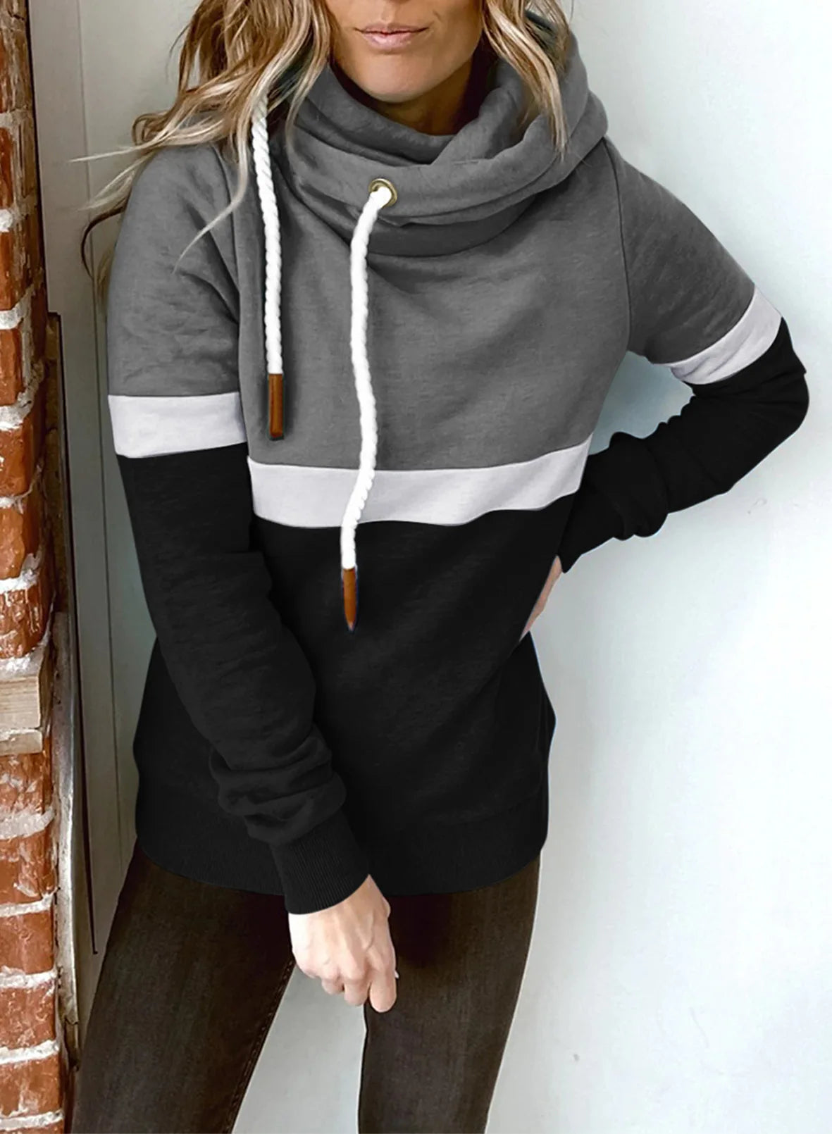 Women's sweatshirt 2024 new autumn and winter solid color stitching casual high collar hooded cross-border sweatshirt for women