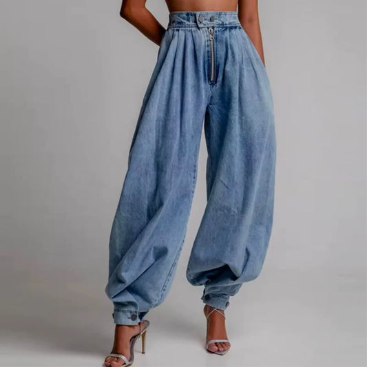 Krisstargirl Casual Denim Pants for Women 2025 Summer Buttoned Zipper Pockets Pleated Baggy Knickerbockers Long Pants for Woman