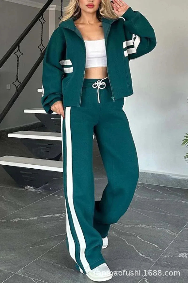 Striped Casual Women's Suit Y2K Striped Zipper Top Coat Sports Pants Female 2piece Set