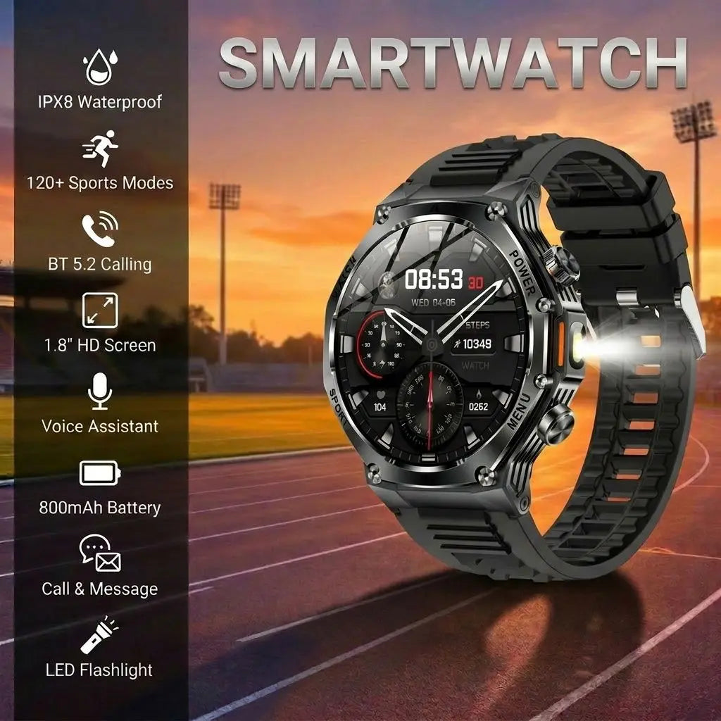 2026 Outdoor Smartwatch, Sports Tracking, 1.8'' HD Touch Screen, Wireless Calling+Voice Assistant, 120+ Sports Mode, Christmas G