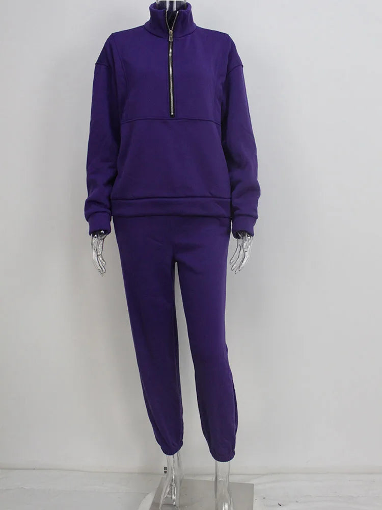 Women Sporty Sweatshirt Sets Two Pieces Sale Stand Collar Zip Long Sleeve Hoodie&High Elastic Sweatpant Suits JSFS-8786