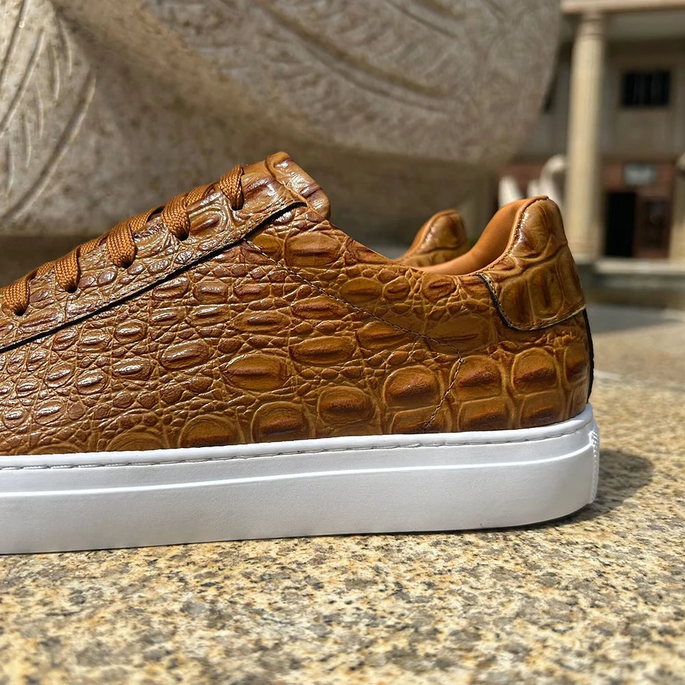 Men Croc Pattern Genuine  Cow Leather Flat Sneakers Round Toe Lace-up Causal Flats Shoes