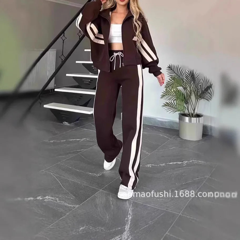 Striped Casual Women's Suit Y2K Striped Zipper Top Coat Sports Pants Female 2piece Set