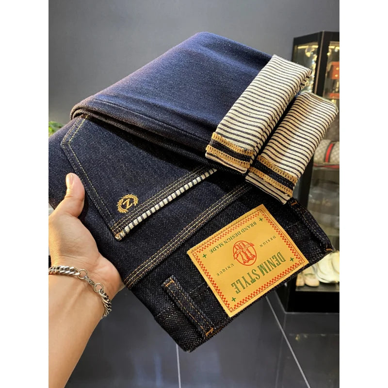 2025 autumn new light luxury retro original color jeans for men, slim fit, small feet, four sided elastic casual long pants