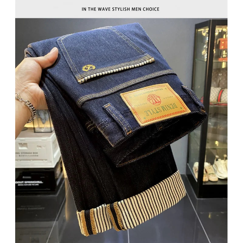 2025 autumn new light luxury retro original color jeans for men, slim fit, small feet, four sided elastic casual long pants