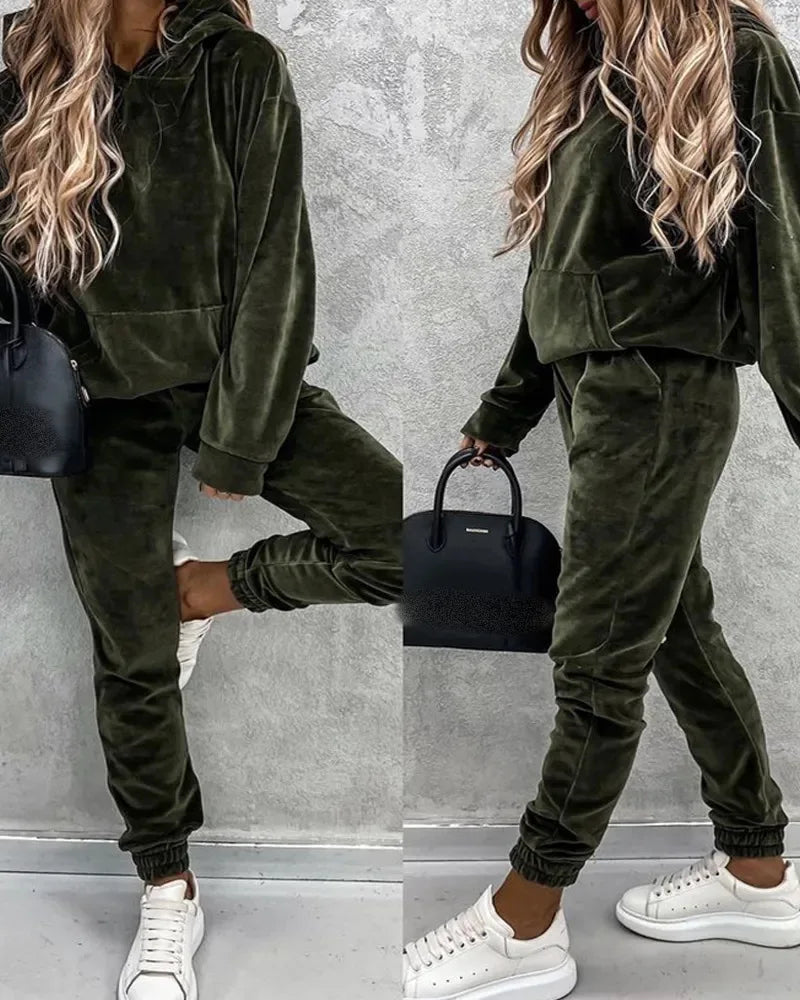 Women Sweatshirts Two Pieces Pant Sets Hooded Pocket Top Pullover Pencil Pants Thick Spliced Solid Casual Sporty Suits