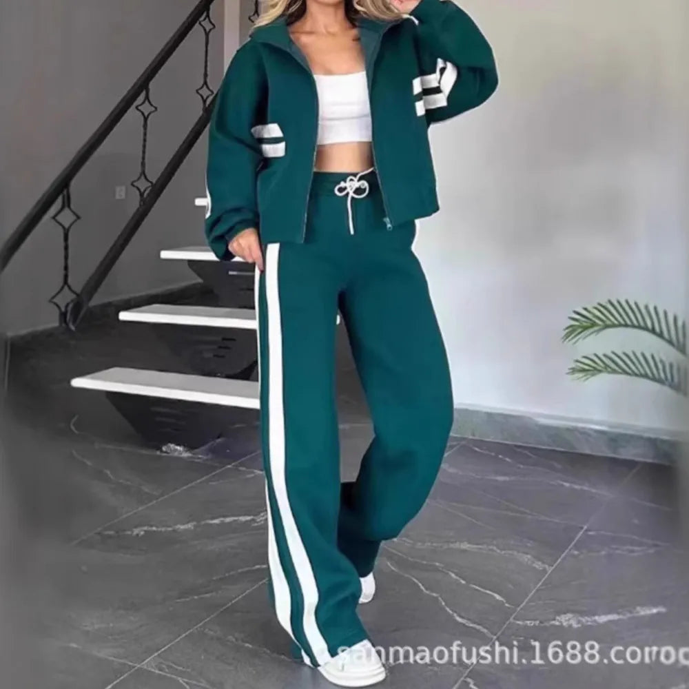 Striped Casual Women's Suit Y2K Striped Zipper Top Coat Sports Pants Female 2piece Set