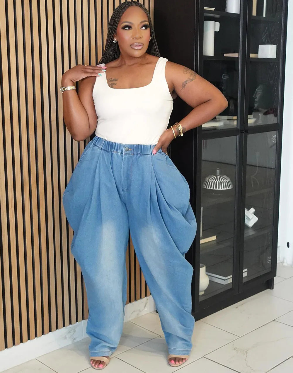 2025 New High Waist Loose Harem Wide Leg Lantern Denim Pants Women Street Casual Stretchy Slimming Fashion Long Trousers Blue