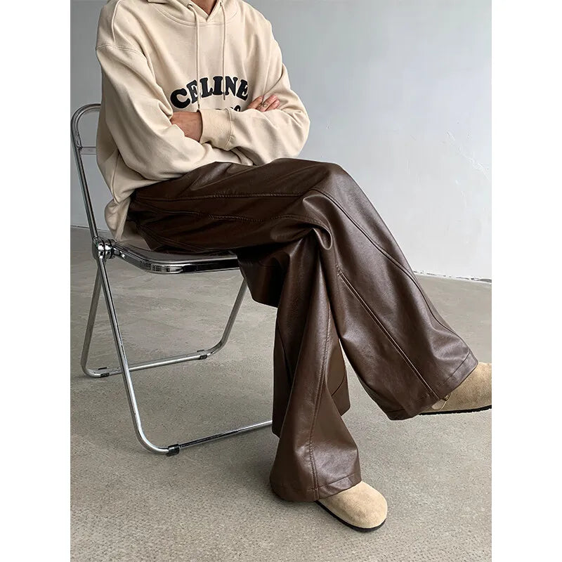 PU Leather Pants men Straight 2025new Spring Men's Punk Fashion Hip Hip Men Wide-leg Mopping Trousers Windproof Dark Brown/Black
