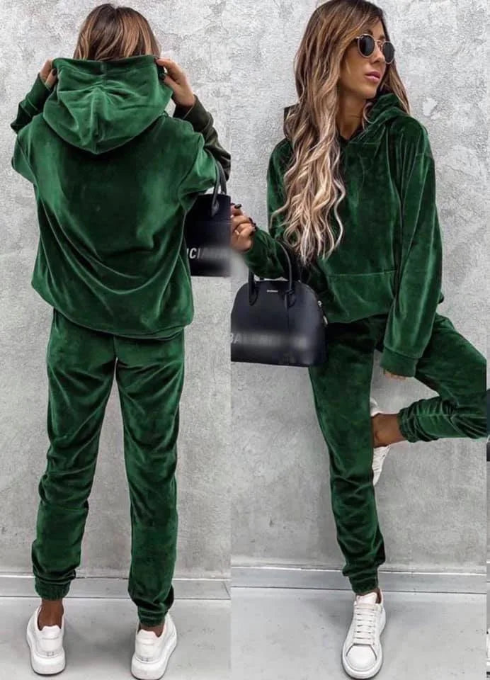 Women Sweatshirts Two Pieces Pant Sets Hooded Pocket Top Pullover Pencil Pants Thick Spliced Solid Casual Sporty Suits