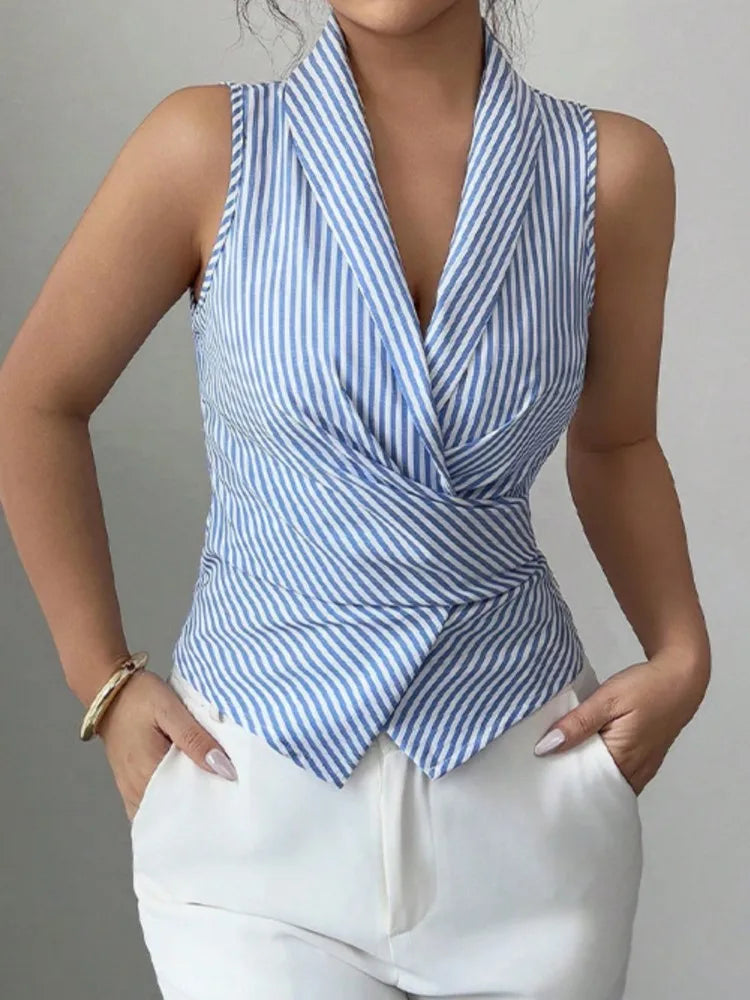 Fashion Striped Shirt Top For Women Elegant V Neck Sleeveless Vest Shirts Tops Lady Holiday Office Women's Clothing Summer New