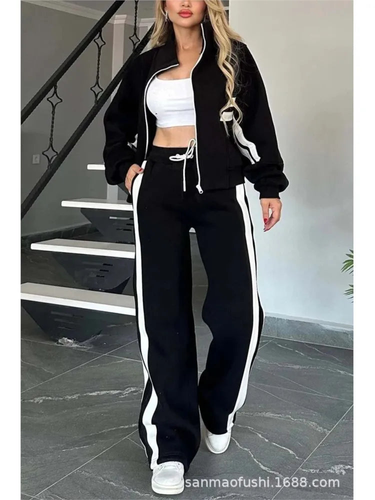 Striped Casual Women's Suit Y2K Striped Zipper Top Coat Sports Pants Female 2piece Set